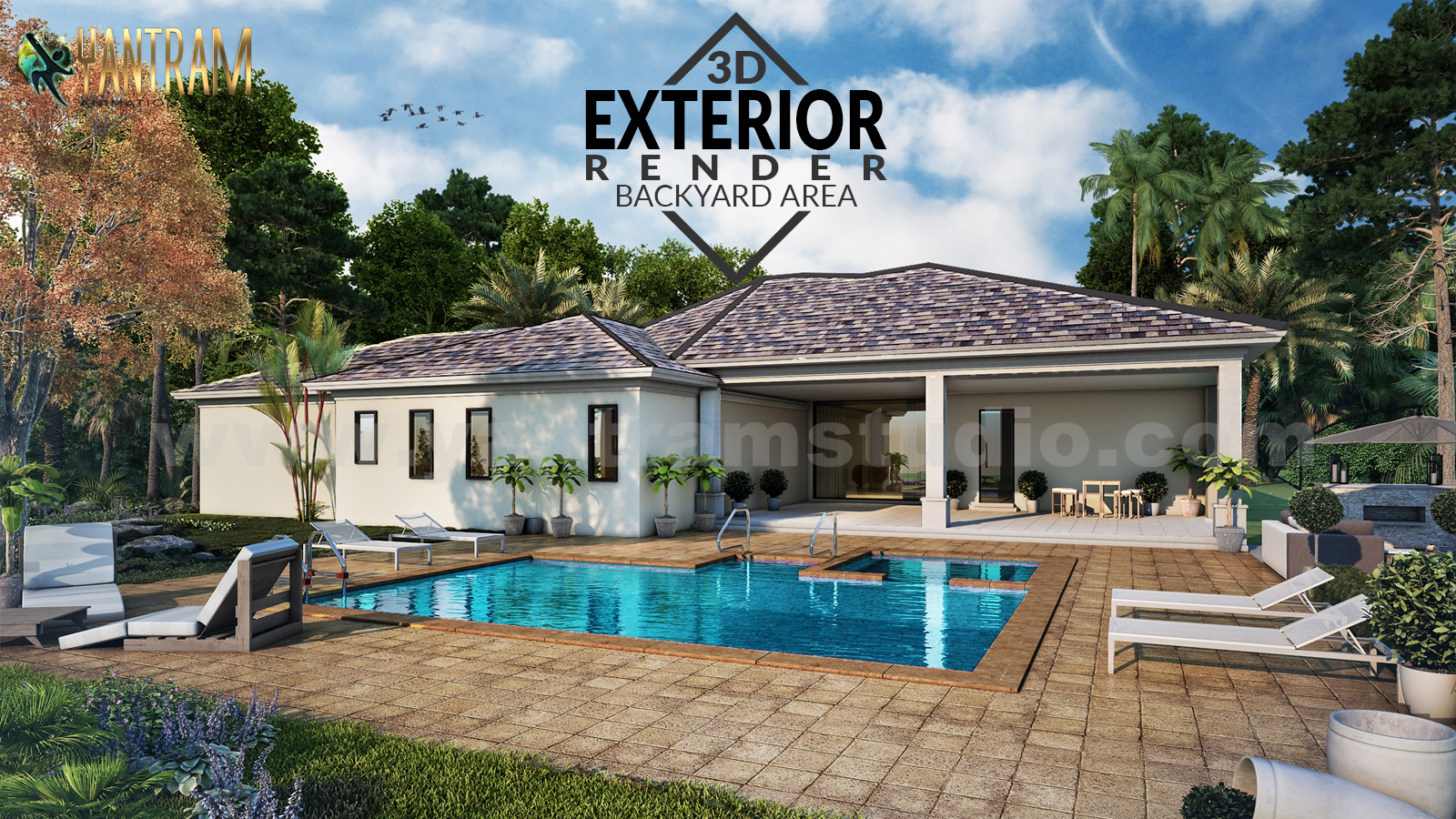 3D Architectural Rendering Residential House with backyard pool area by architectural design studio, Houston – Texas