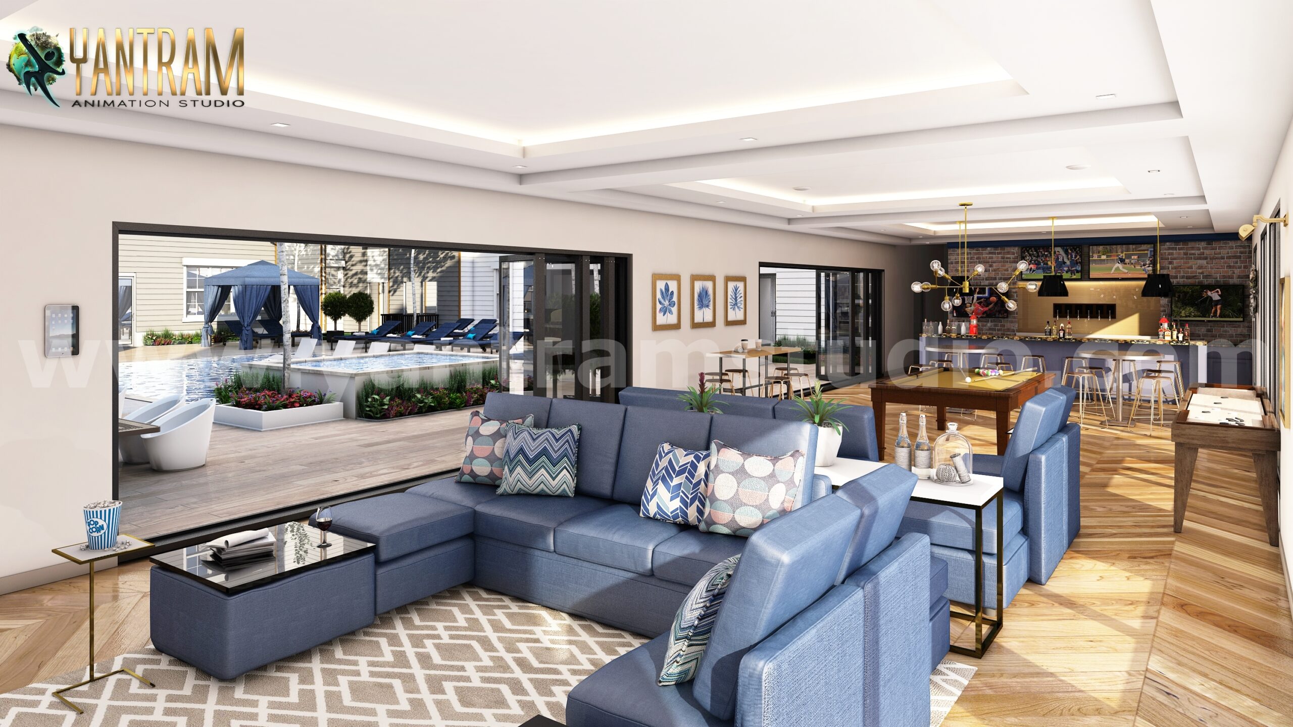 Glamorous Bar in Living Room Interior Design Firm with Gaming Area by Architectural Rendering Company, Madrid – Spain