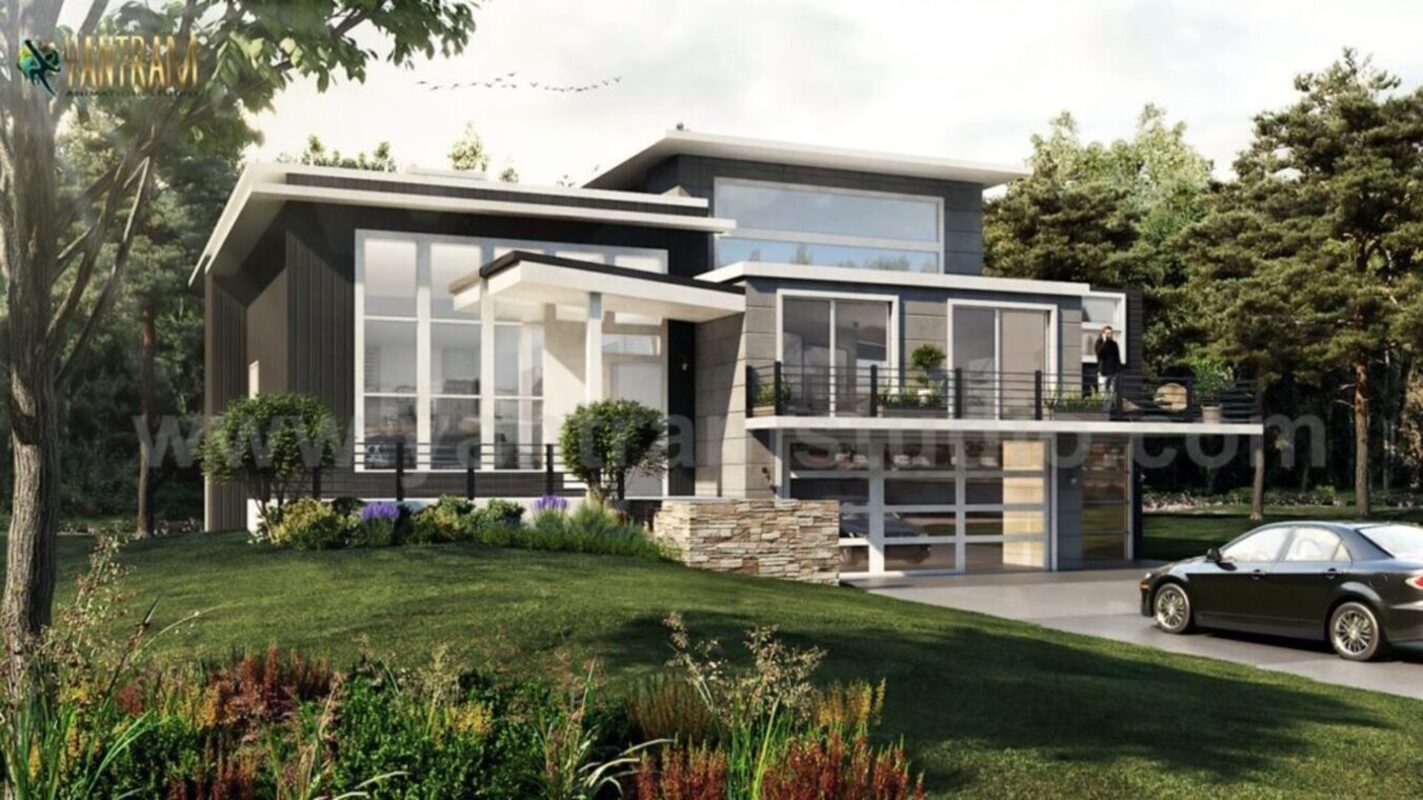 3d Exterior Visulization Service To Modern Flat Roof Villa By Yantram Architectural Rendering Studio,Houston,Texas.