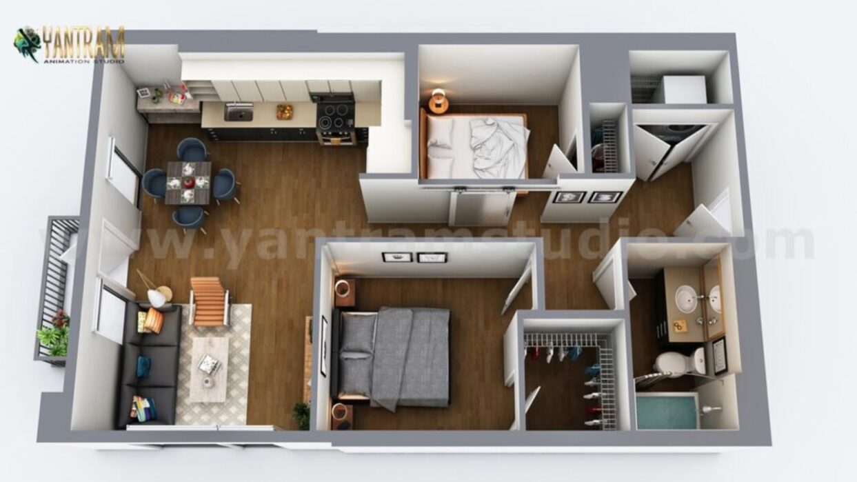 Two-Bedroom Residential House 3D Home Floor Plan Design