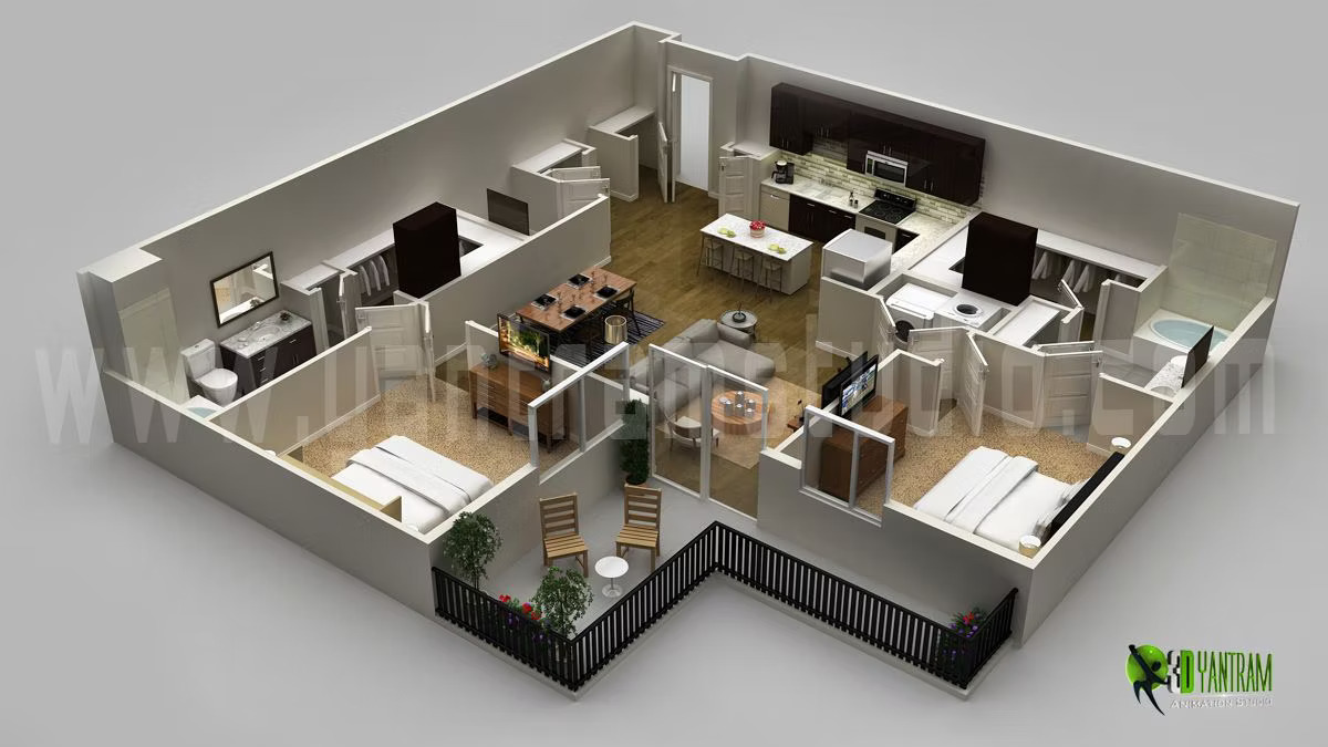 3D Floor Plan Design of Modern Apartment’s by Yantram 3D Floor Plan Designer, Indiana