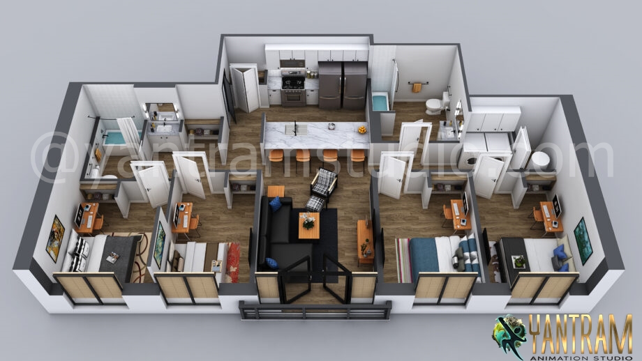 3D Floor Plan Design of Gorgeous Residential Apartment in Houston, Texas By Yantram 3D Architectural Rendering Company