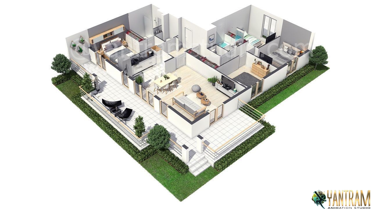 3D Floor Plan Rendering Proffered for a House in California by 3D Animation Studio