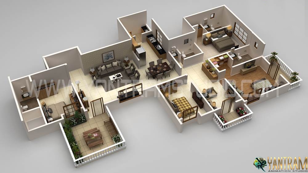 3D Floor Plan Design of a house in Dallas, Texas created by Yantram 3D Architectural Visualization Studio