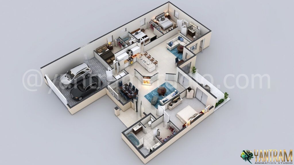 3D Floor Plan Rendering of an Innovative house in California, by Yantram 3D Architectural Rendering Company