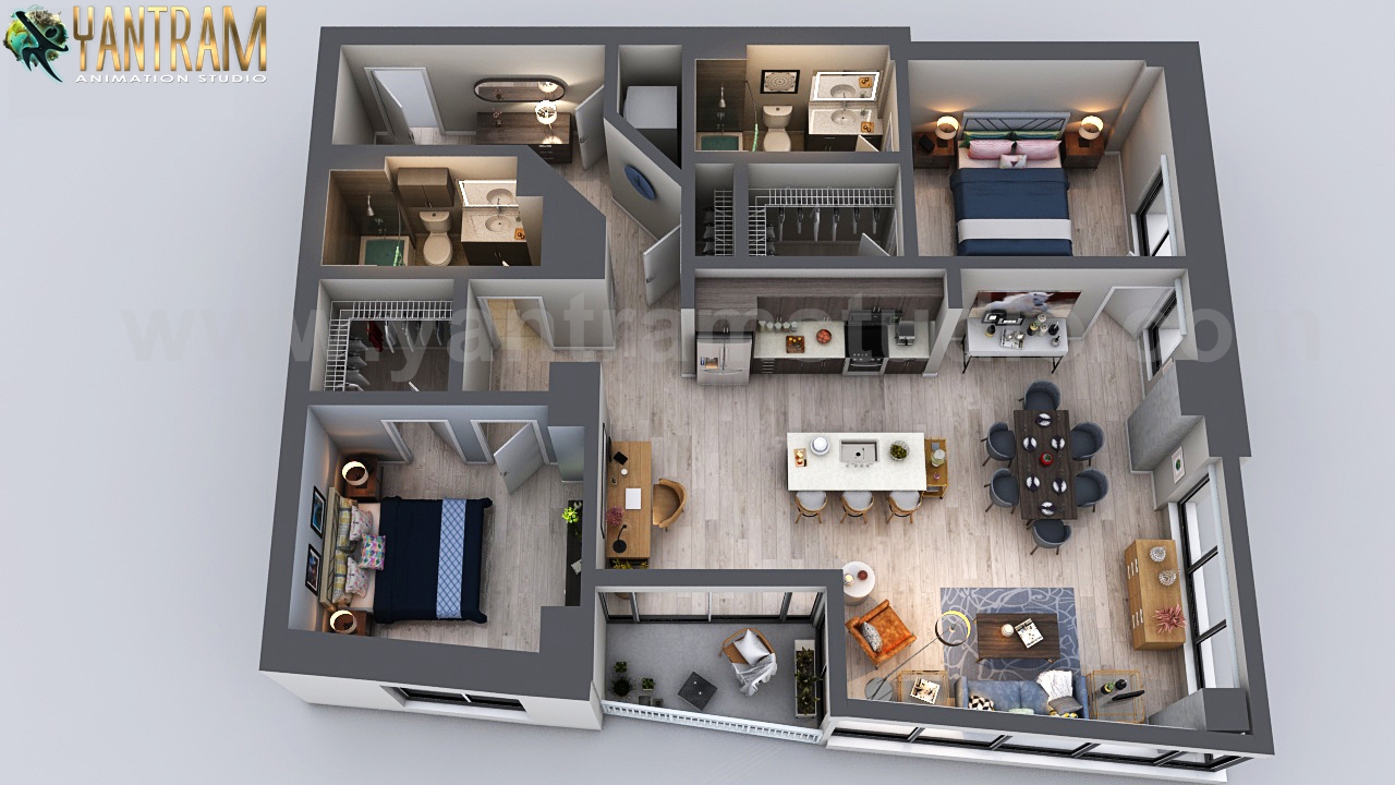 3D Floor Plan Rendering of an Astonishing Apartment by Yantram 3D Architectural Rendering Studio Fort Myers,Florida