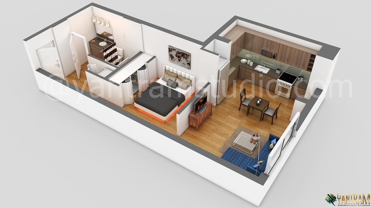 3D Floor Plan Rendering of Apartment in Orlando designed by Yantram 3D Architectural Outsourcing Studio