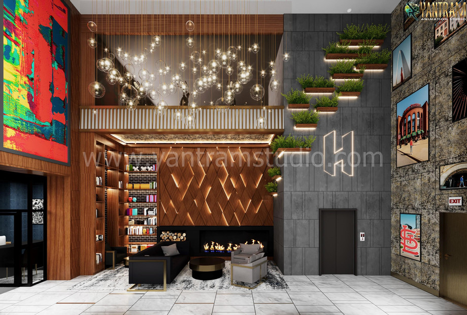 3D Interior Rendering of a Stunning Lobby in Los Angeles by Yantram 3D Architectural Rendering Studio