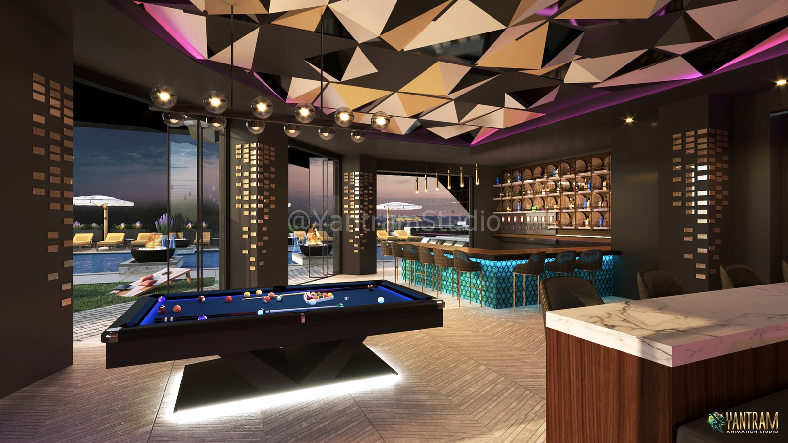 3D Interior Visualization of an Exquisite Lounge-bar in Los Angeles, by Yantram 3D architectural Rendering Company